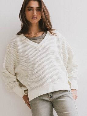 Cream V-Neck Waffle Knit Women's Sweater
